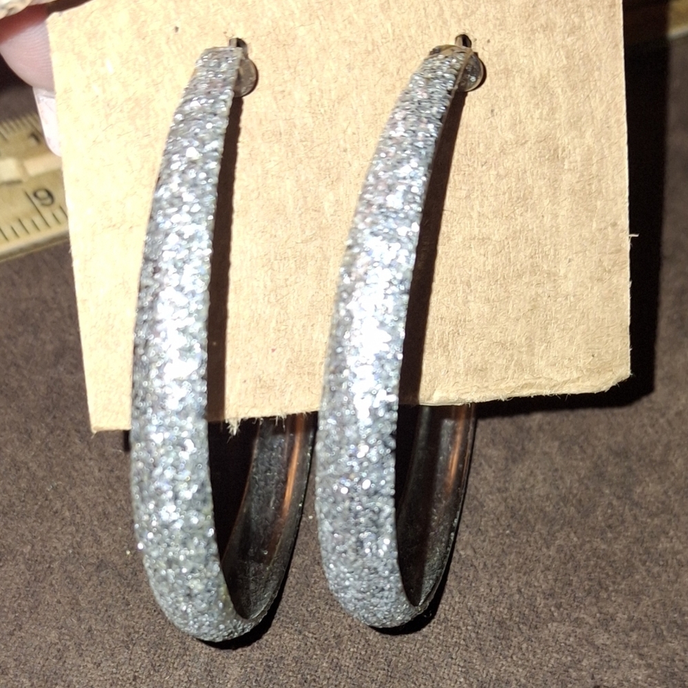3/25$ Earrings Silvertone Encrusted Full Hoops Chunky Boho Chic